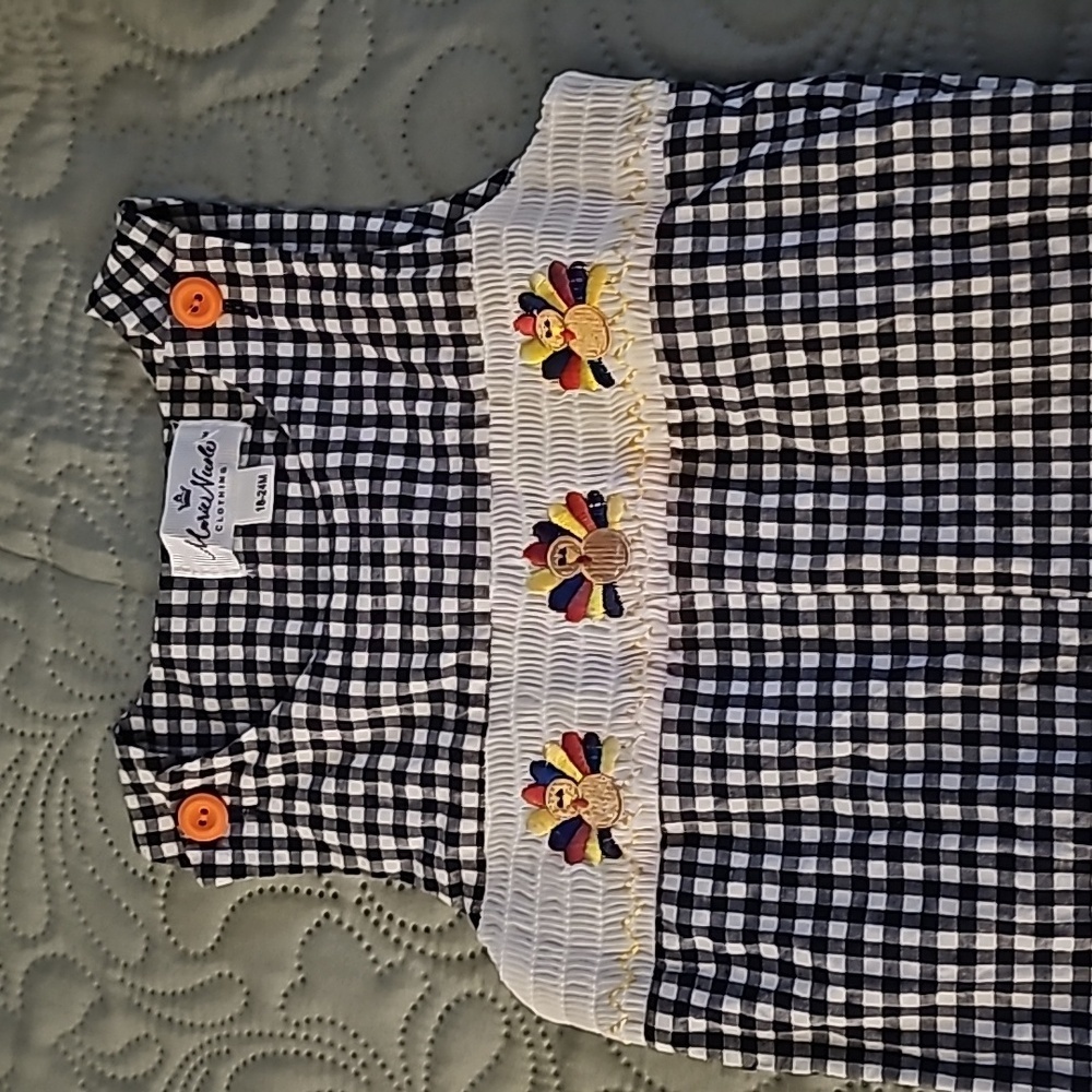 Marie Nicole Black and White Smocked Gingham Romper( Thanksgiving)